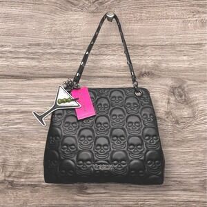 Betsey‎ Johnson Skull Quilted Handbag Black Studded Martini Charm Punk Gothic